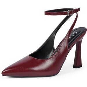 Women Z Burgundy Pumps Stiletto Wedding Dress Closed Toe Ankle Strap Heel Shoes